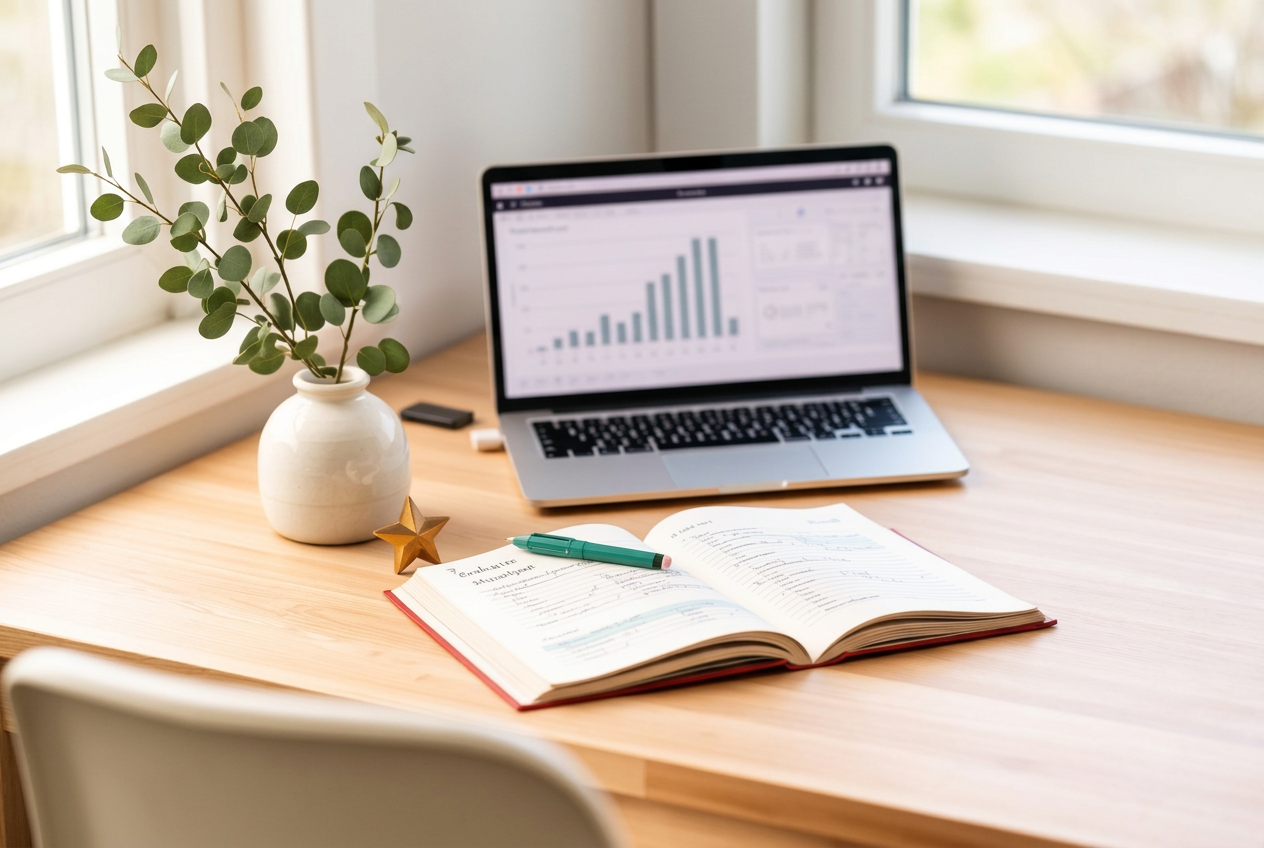 A calm, organized workspace with a laptop showing clear financial reports